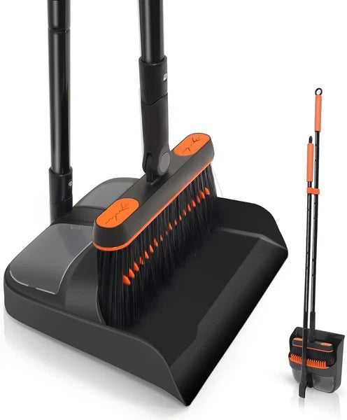 JEHONN Broom and Dustpan Set for Home, Long Handle Orange Black
