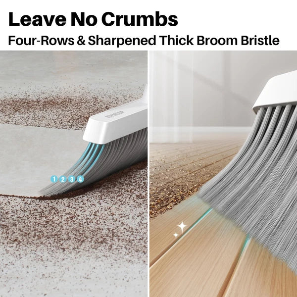White Broom and Dustpan Set, Upright Design with Comb Teeth for Kitchen & Office