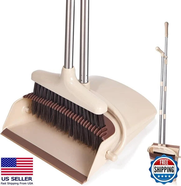 Broom and Dustpan Set with Long Handle, Lightweight Stainless Steel, Brown Beige