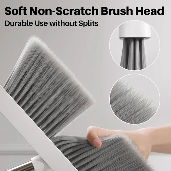 White Broom and Dustpan Set, Upright Design with Comb Teeth for Kitchen & Office