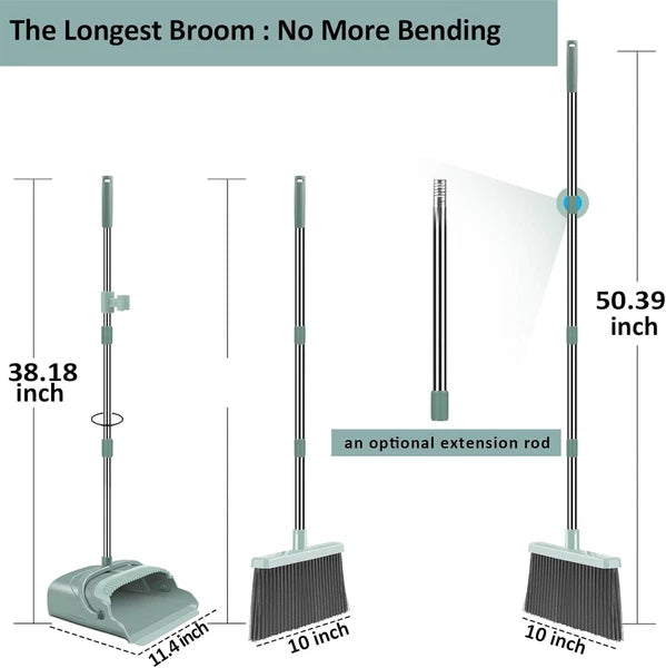 Upgraded Upright Broom & Dustpan Set – Large, Long-Handled (Green)