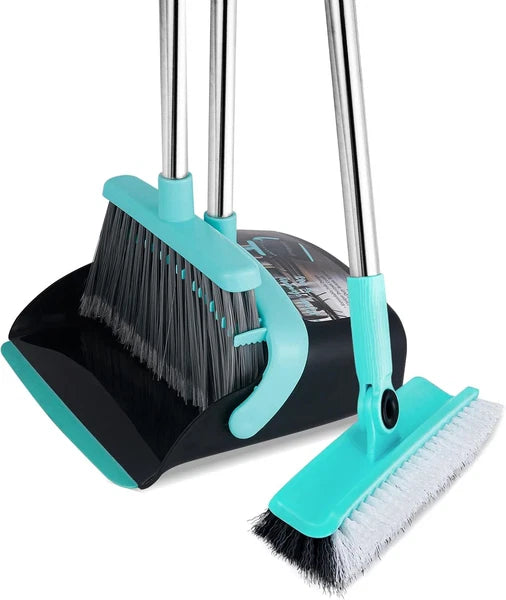 Broom with Dustpan Combo Set, Floor Scrub Brush,Self-Cleaning with Dustpan Teeth