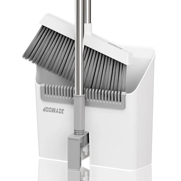 White Broom and Dustpan Set, Upright Design with Comb Teeth for Kitchen & Office