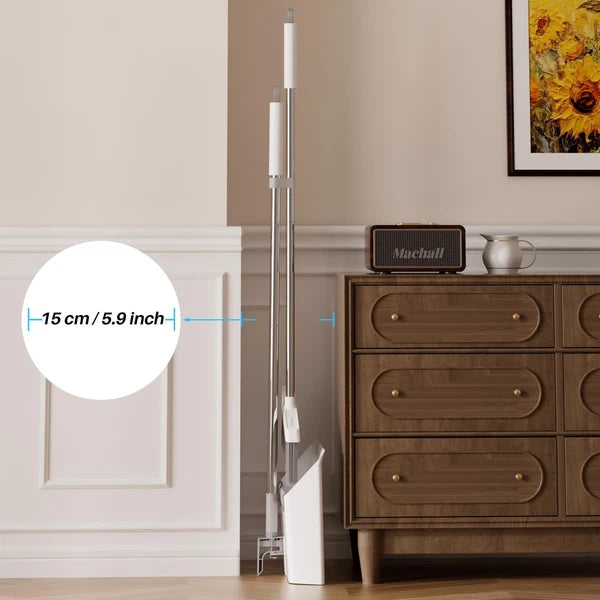 White Broom and Dustpan Set, Upright Design with Comb Teeth for Kitchen & Office