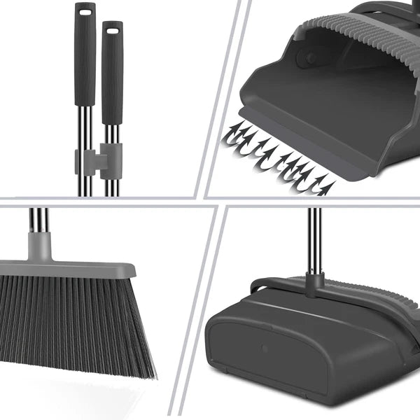 Broom Dustpan Set Home Office Indoor Outdoor Stand Up Broom Dustpan (Black&Gray)