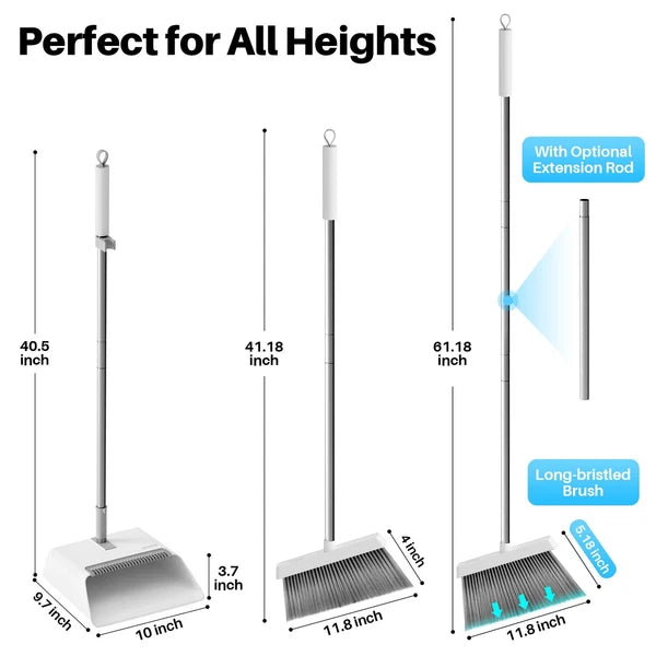 White Broom and Dustpan Set, Upright Design with Comb Teeth for Kitchen & Office