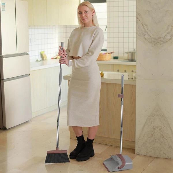 Compact, Bacteria Resistant Broom & Dustpan Set - Stand-Up Storage Solution