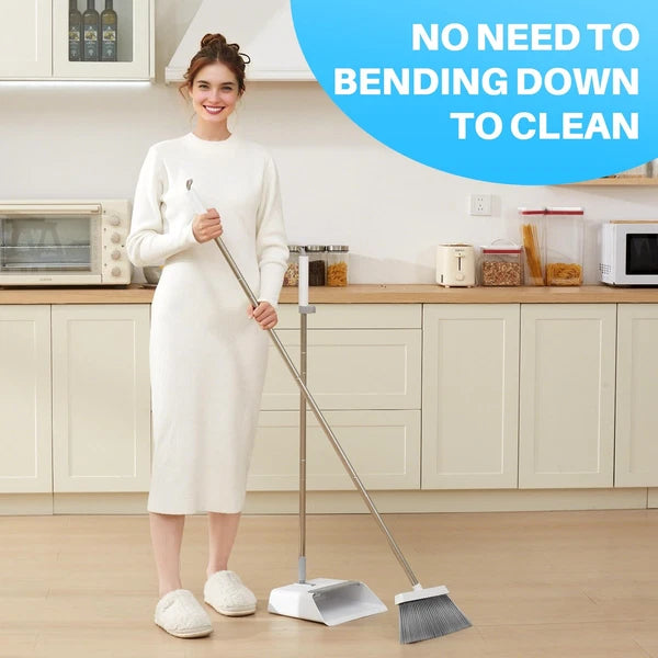 White Broom and Dustpan Set, Upright Design with Comb Teeth for Kitchen & Office