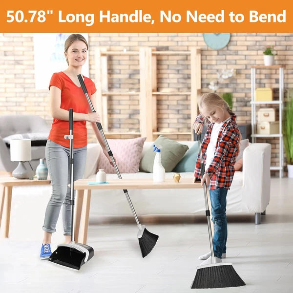 Broom and Dustpan Set, Heavy Duty Dust Pan with Long Handle 51 Inch Broom with D
