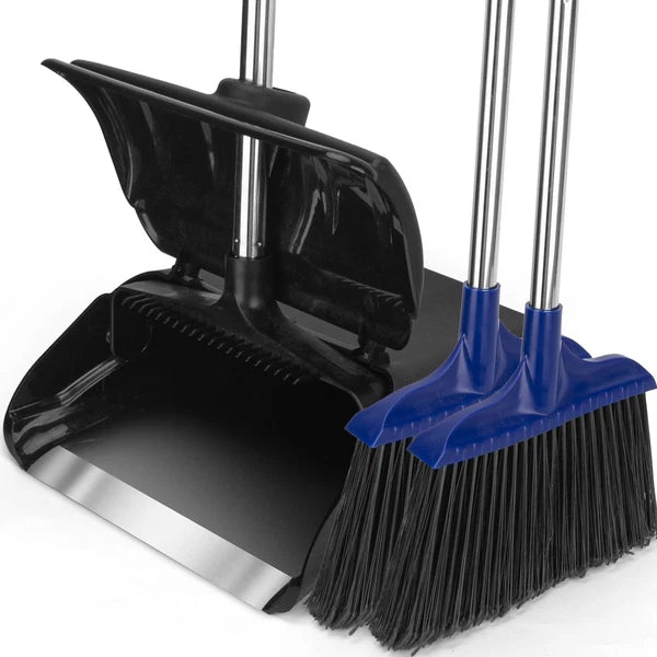 Outdoor Heavy Duty 2 Brooms and Dustpan Set with Aluminum Flat Lip for Courty...