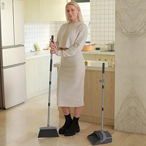 Broom and Dustpan Set, Dust pan with Long Handle, Broom with Dustpan Gray&black