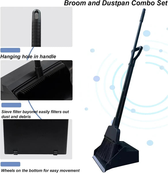 Broom with Dustpan Combo Set Outdoor Upright Dustpan and Broom Set with Long Han