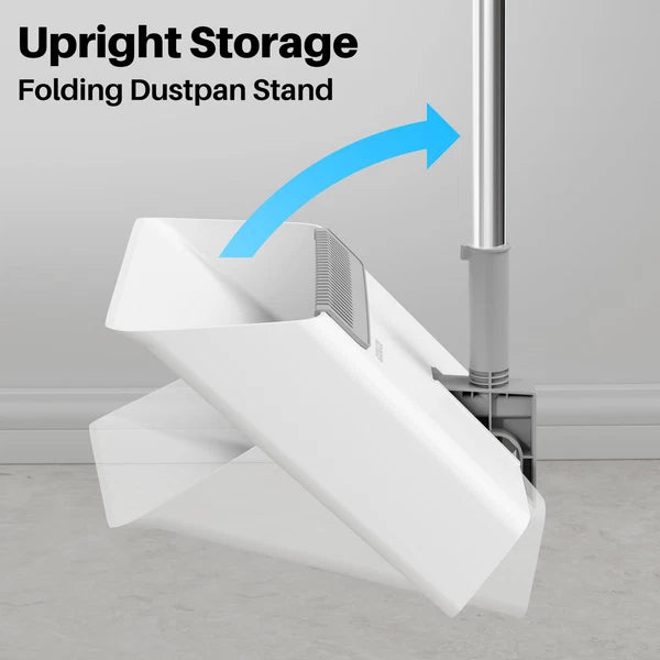 White Broom and Dustpan Set, Upright Design with Comb Teeth for Kitchen & Office