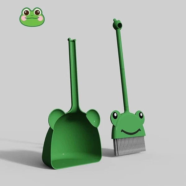Children's Small Broom Dustpan Set Green Frog Mini Household Cleaning