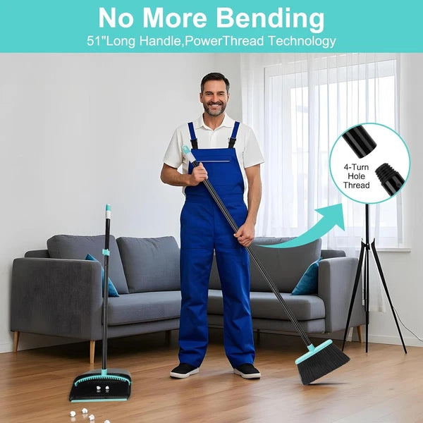 Broom Dustpan 52Inch Extendable Handle Standing Indoor Kitchen Floor