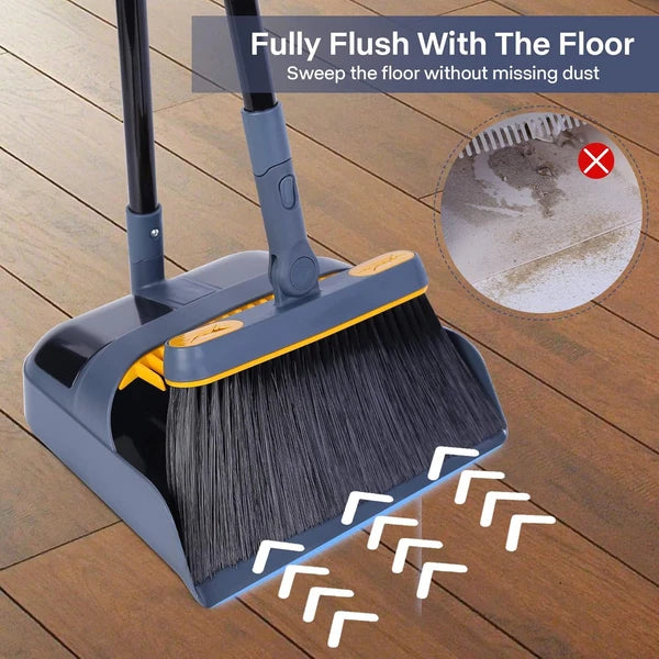 JEHONN Broom and Dustpan Set for Home, 54 Inches Long Dark Blue Yellow