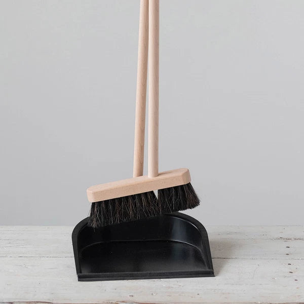 Beech Wood Broom & Standing Metal Dust Pan, Natural & Black, Set of 2