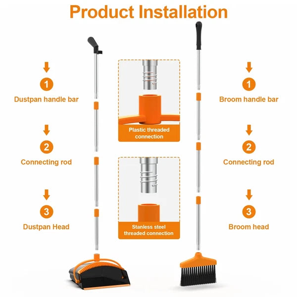 Broom and Dustpan Set for Home, Stainless Steel Ergonomics 50" Long Handle Broom