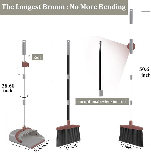 Compact, Bacteria Resistant Broom & Dustpan Set - Stand-Up Storage Solution
