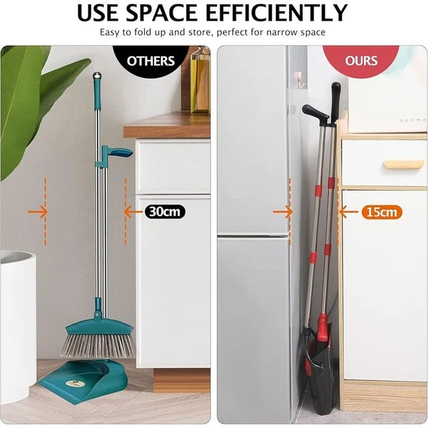 Broom Dustpan Set Long Handle Stainless Steel Easy Clean Hair Removal Pet Hair