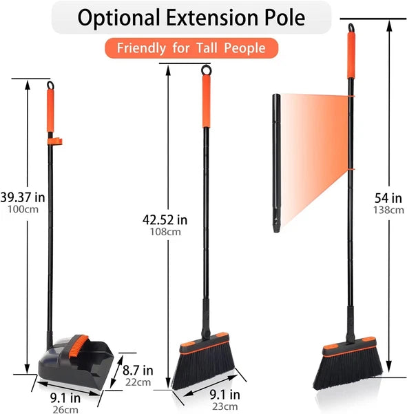 JEHONN Broom and Dustpan Set for Home, Long Handle Orange Black