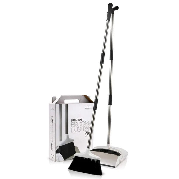 Unbranded Broom + Upright Dust Pan Combo Set 11.4" White/Black w/ Plastic Handle